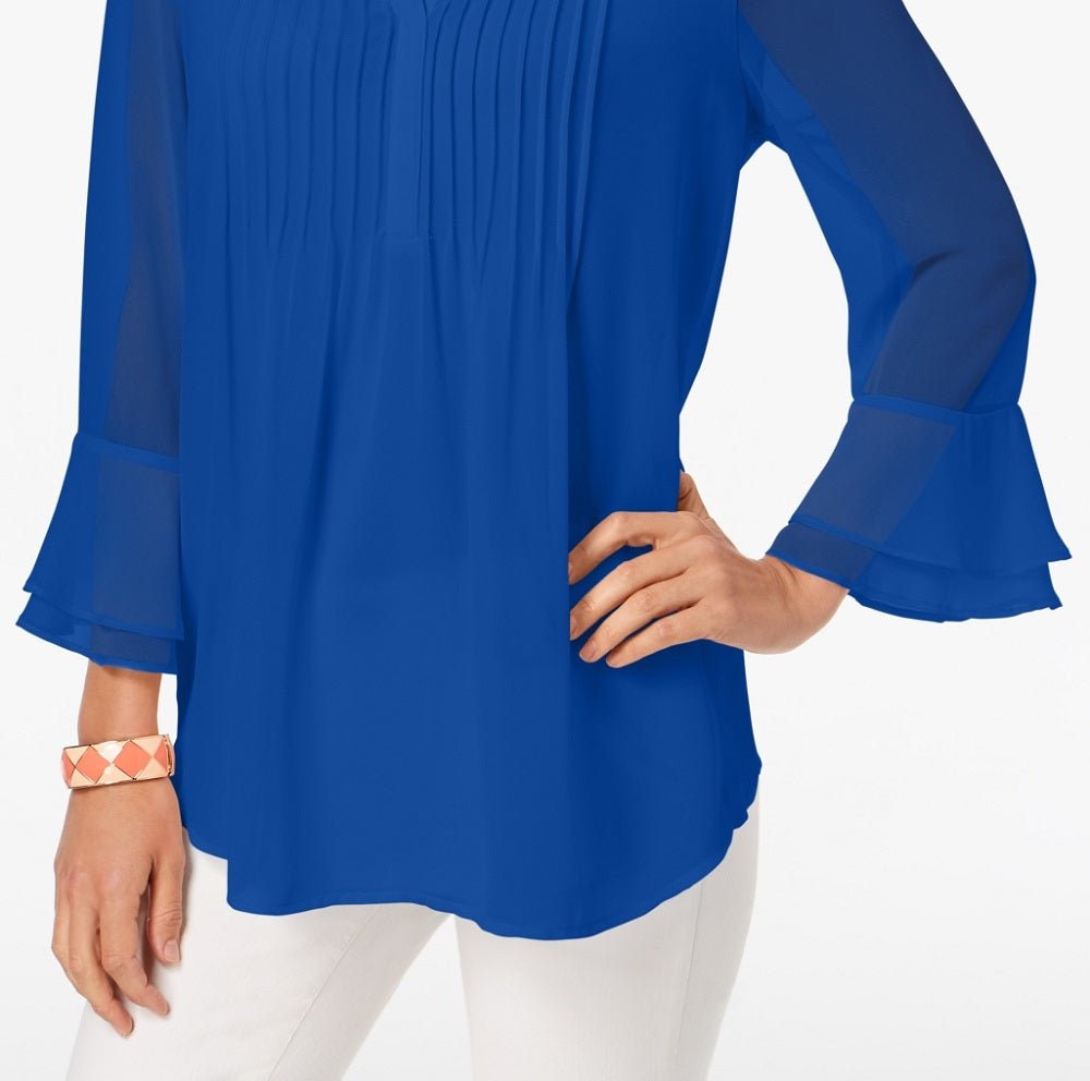 Charter Club Women's Double Ruffle Solid Pintuck Top Blue Size XX-Large