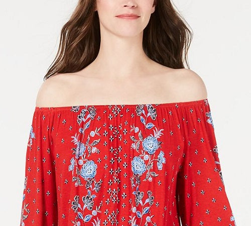 Style & Co Women's Printed Off the Shoulder Top Red Size PP