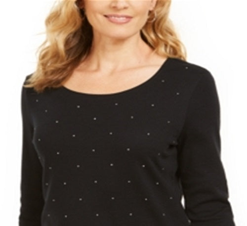 Karen Scott Women's Petite Studded Top  Black Size Petite M