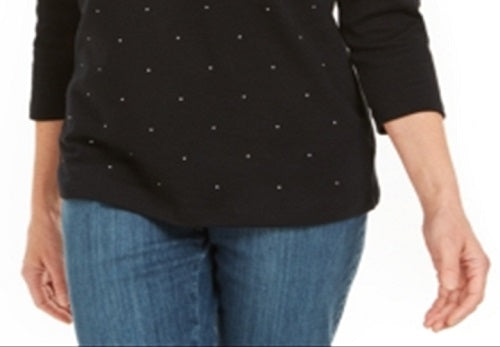 Karen Scott Women's Petite Studded Top  Black Size Petite M