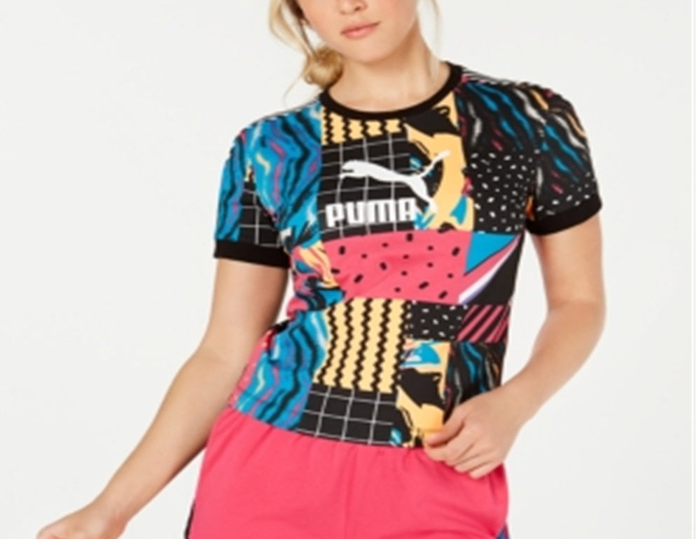 Puma Women's Clash Printed Cropped T-Shirt Black Size X-Large
