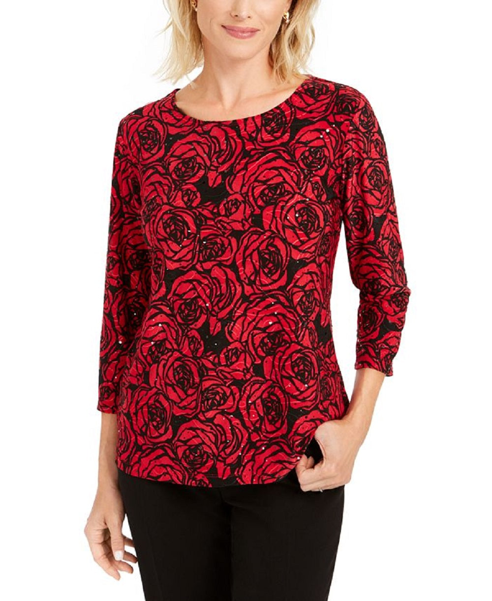 JM Collection Women's Jacquard Sequined Top Red Size X-Large