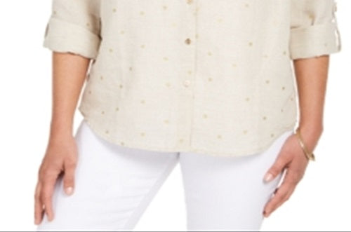 Charter Club Women's Linen Foiled Dot Shirt Brown Size -Petite L