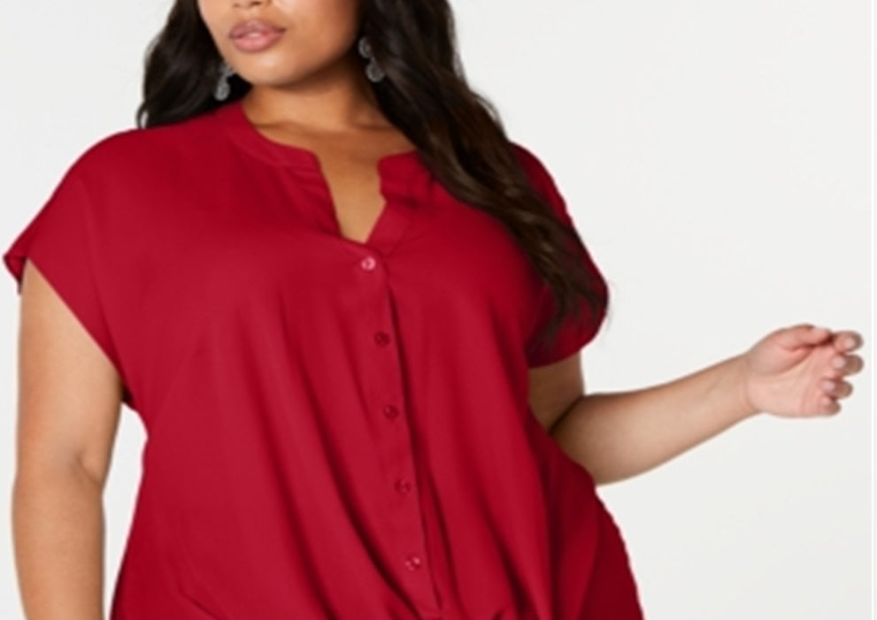 INC International Concepts Women's Plus Twist Front Top Red Size 1X