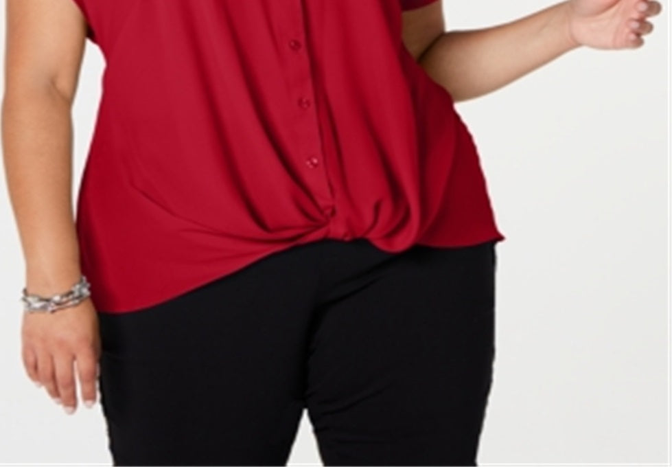 INC International Concepts Women's Plus Twist Front Top Red Size 1X