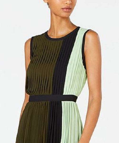 Alfani Women's Colorblocked Pleated MIDI Dress Green Size 6 Petite