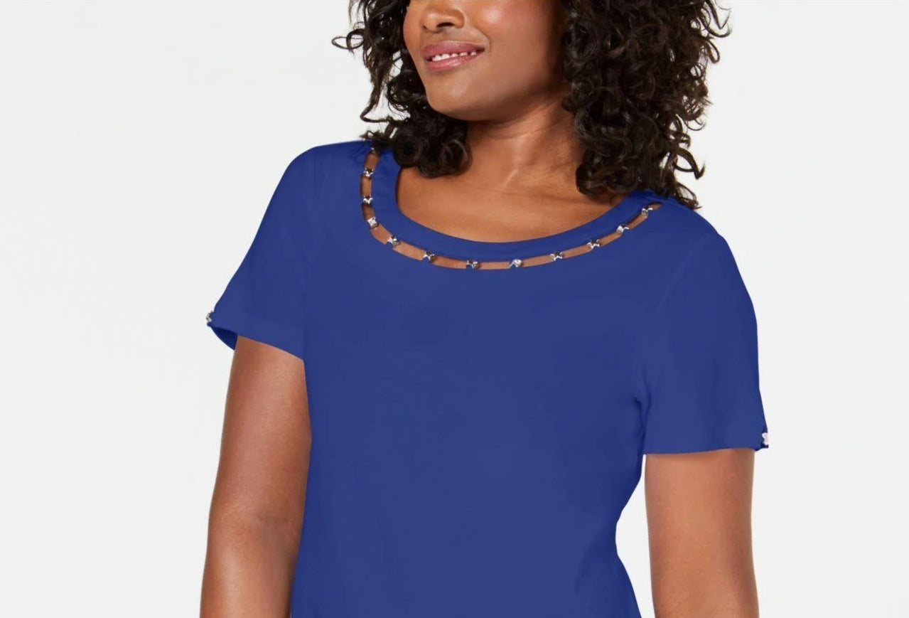Karen Scott Women's Lattice Neck Embellished Cotton Top Blue  Size Medium