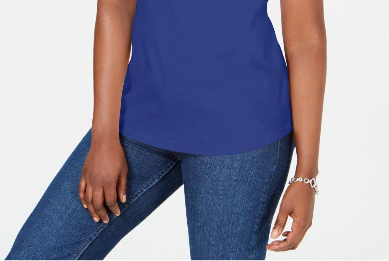 Karen Scott Women's Lattice Neck Embellished Cotton Top Blue  Size Medium