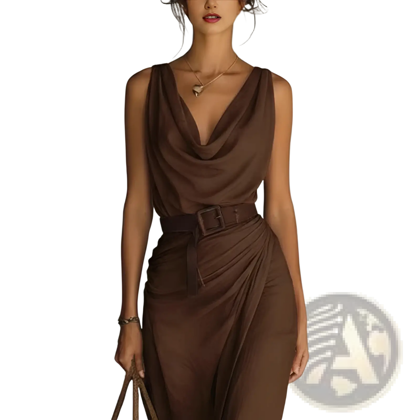 Sleek Brown Satin Cowl Neck Resort Maxi Dress