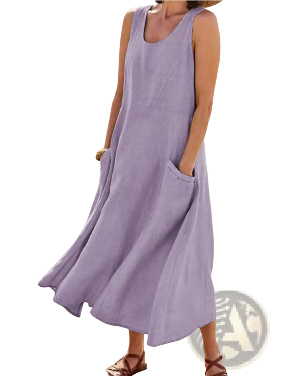Sleeveless Linen A-line Maxi Dress with Pockets