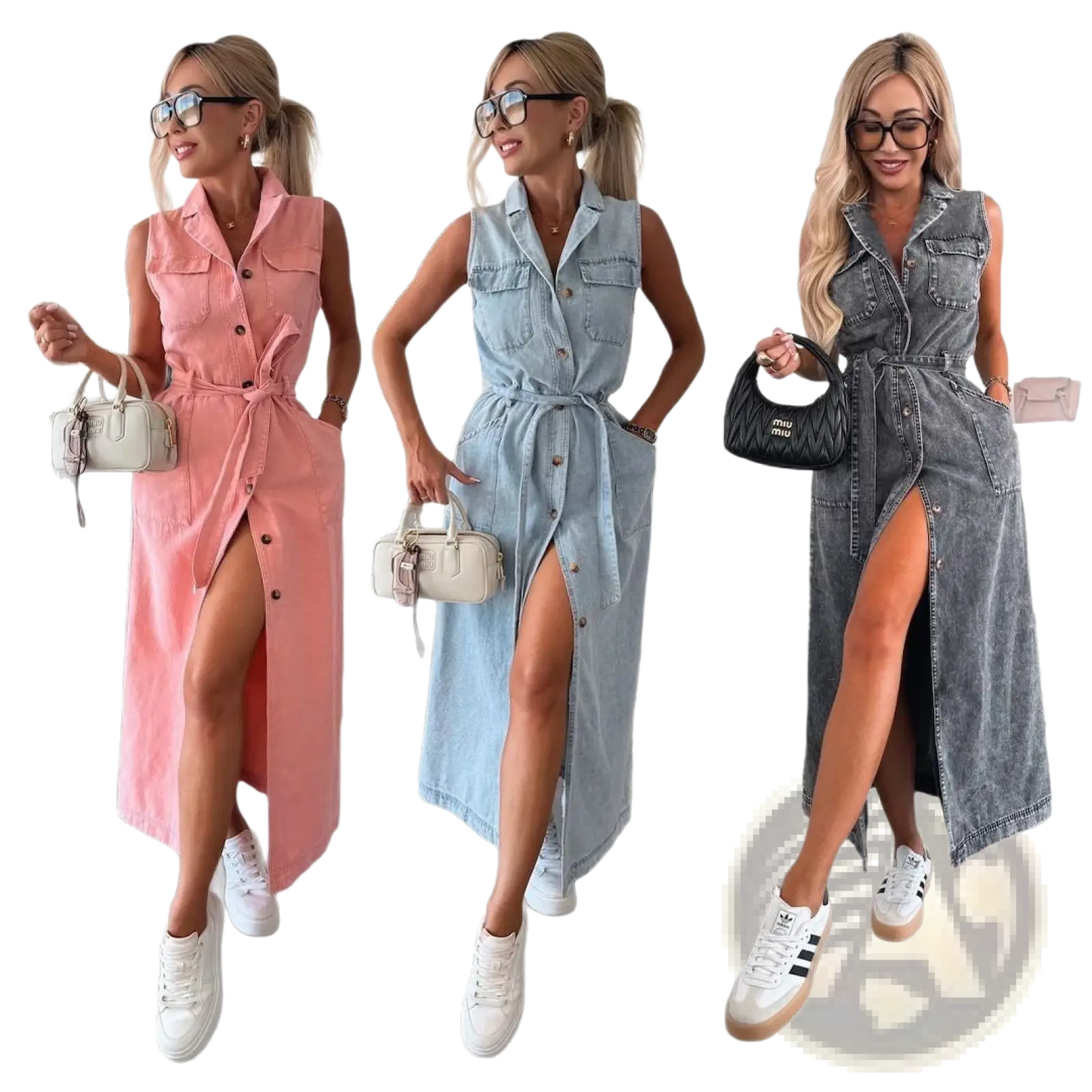 Sleeveless Tie Waist Denim Maxi Dress with Side Slit