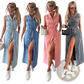 Sleeveless Tie Waist Denim Maxi Dress with Side Slit