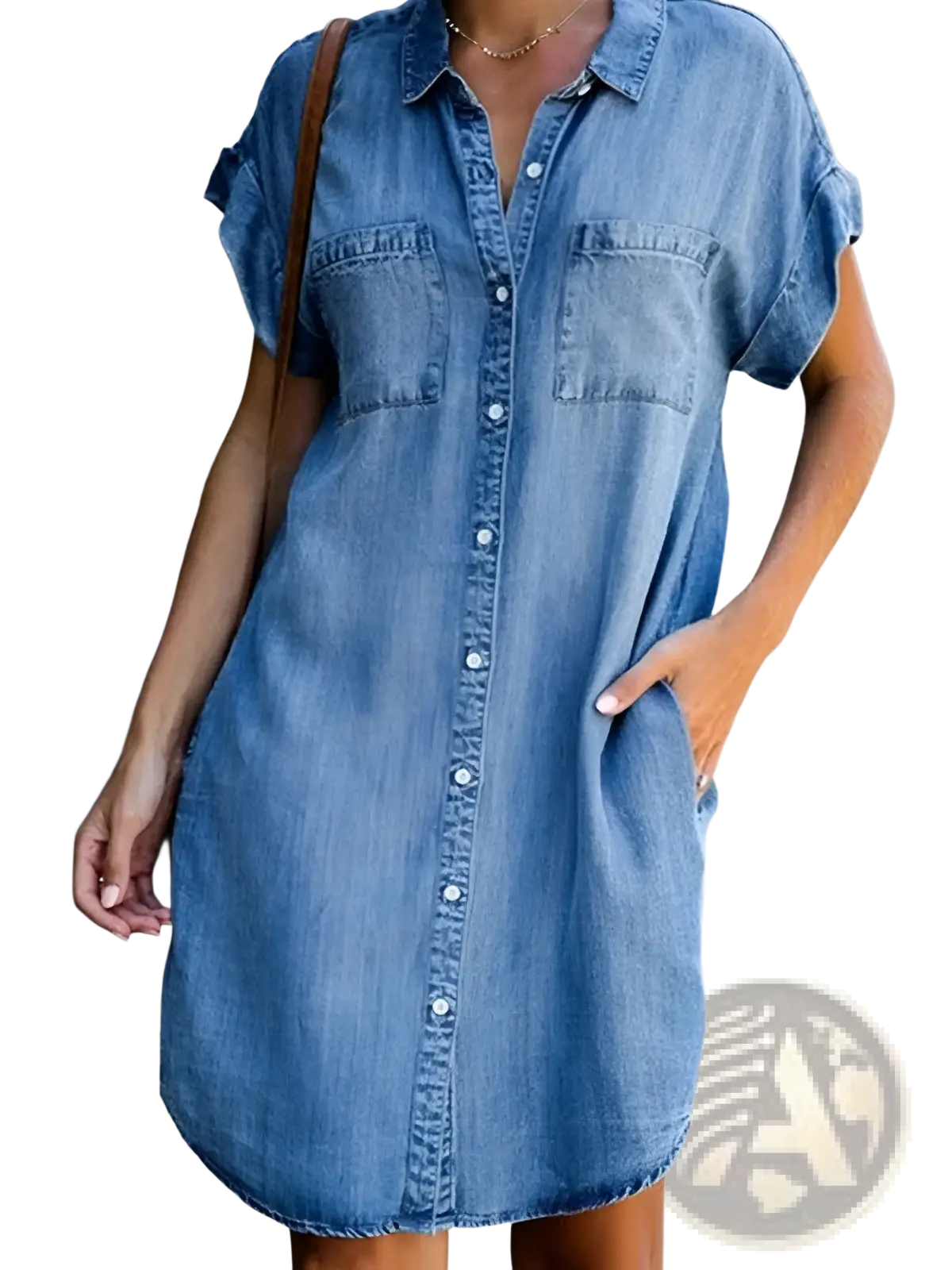 Slim Fit Short Sleeve Button Front Denim Midi Dress