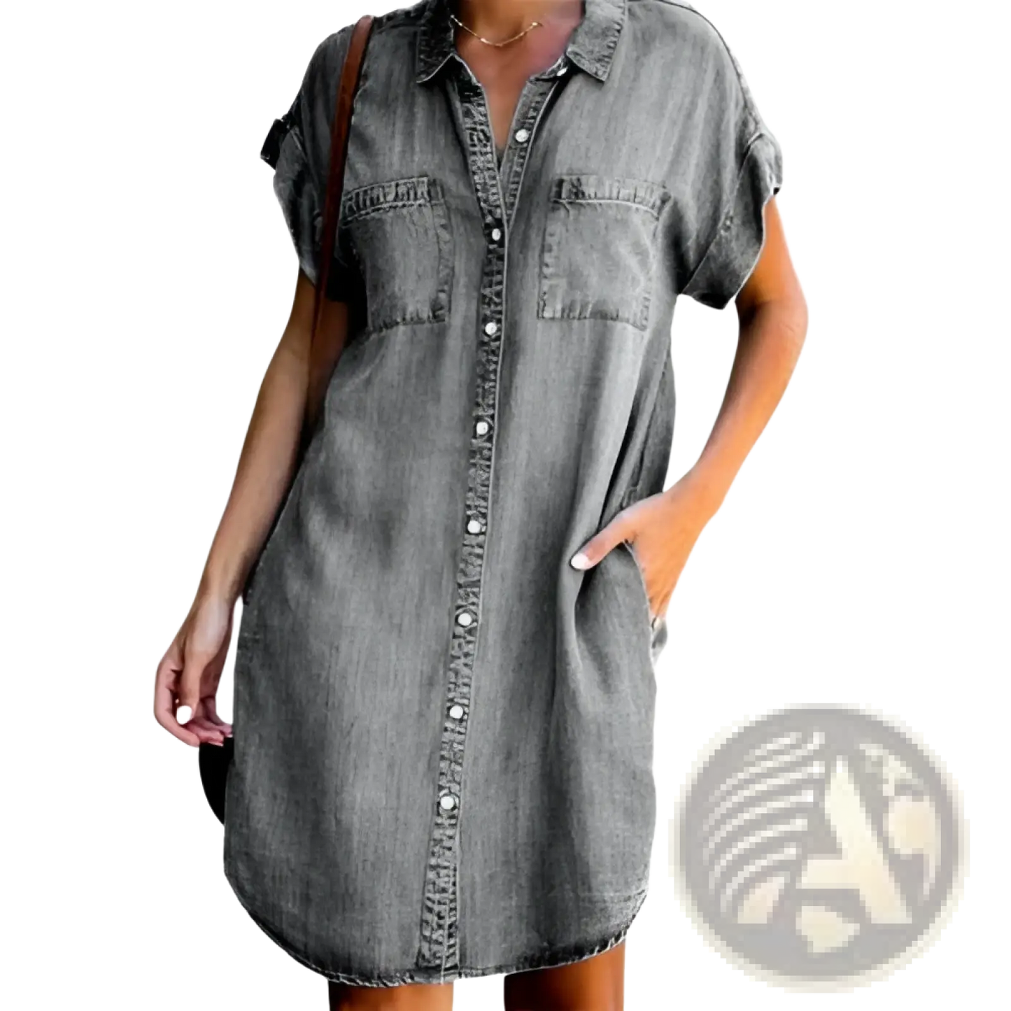 Slim Fit Short Sleeve Button Front Denim Midi Dress