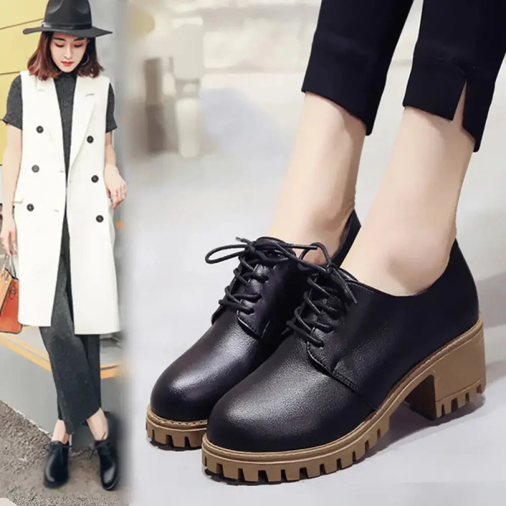 Women's Lace Up Leather Oxford Shoes with Chunky Sole