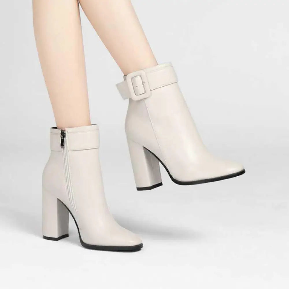 Women's Soft Leather Buckle Ankle Boots with Block Heel