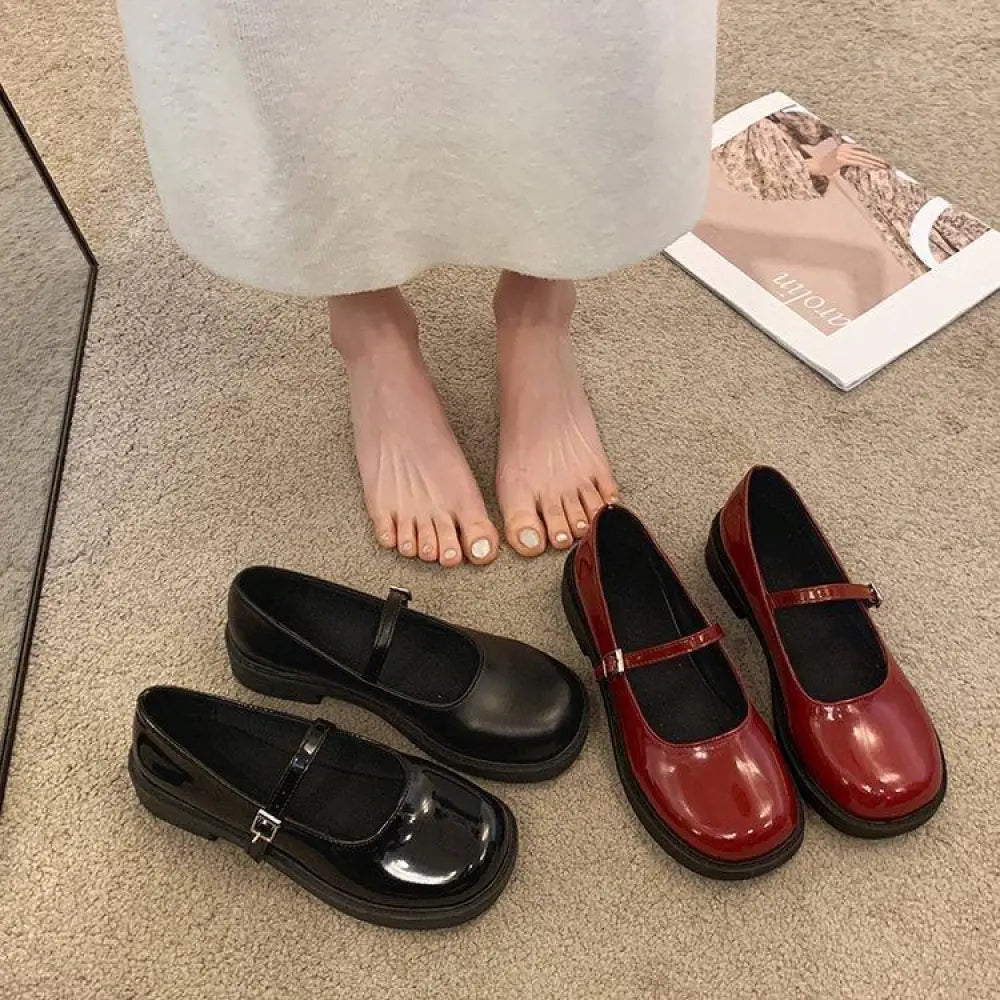 Women's French Vintage Leather Square Toe Mary Jane Flats