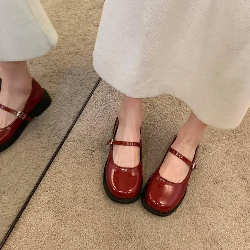 Women's French Vintage Leather Square Toe Mary Jane Flats