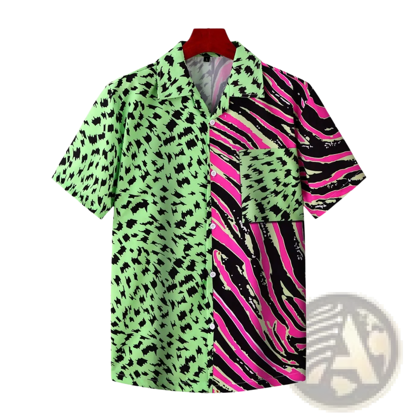 Split Animal Print Pink and Green Short Sleeve Shirt