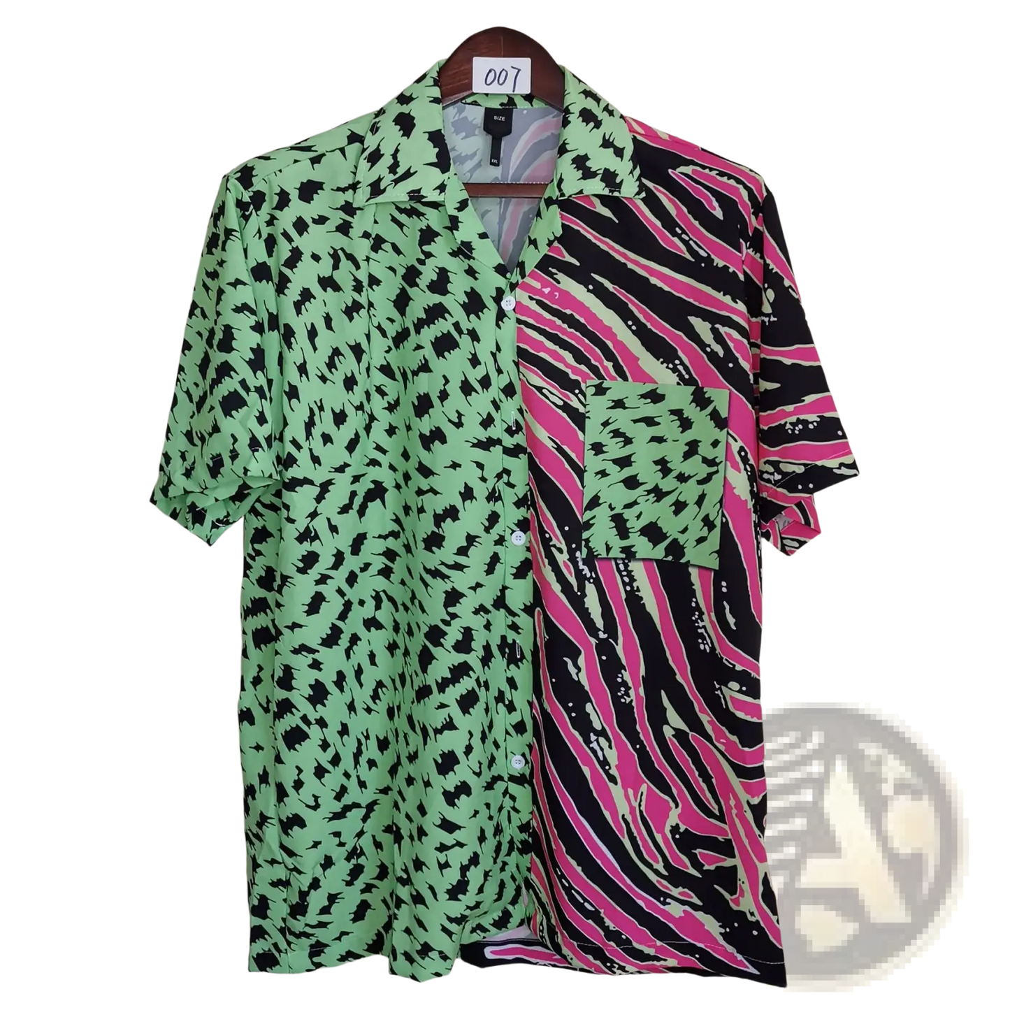 Split Animal Print Pink and Green Short Sleeve Shirt