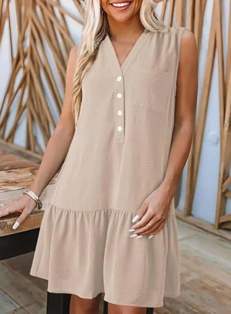 Tiered V-neck Sleeveless Button Front Summer Dress