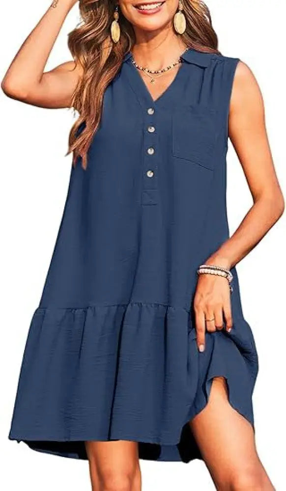 Tiered V-neck Sleeveless Button Front Summer Dress