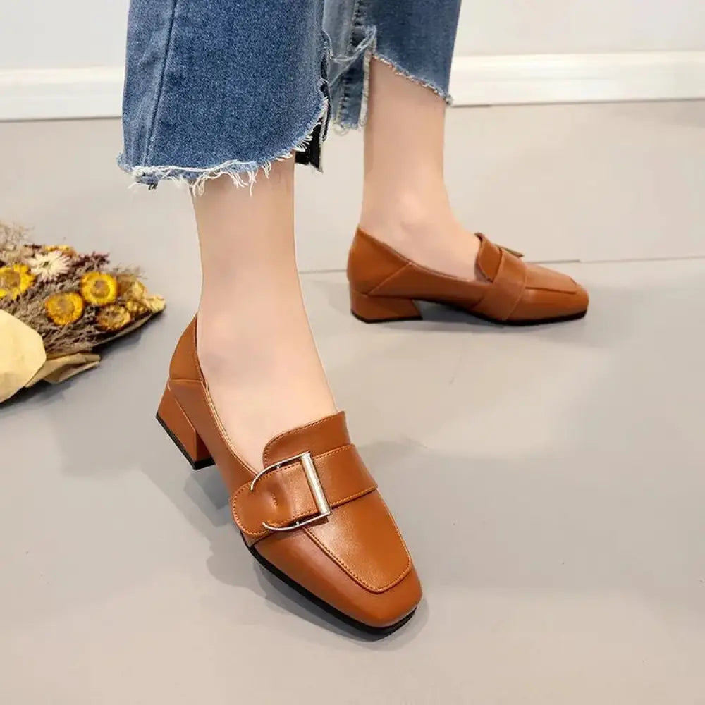 Square Toe Buckle Leather Loafers and Mules