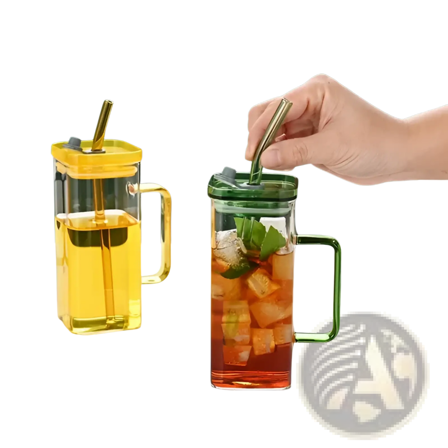 Square Glass Cup with Lid and Straw 12oz