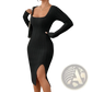 Square Neck Ribbed Knit Midi Dress with Side Slit