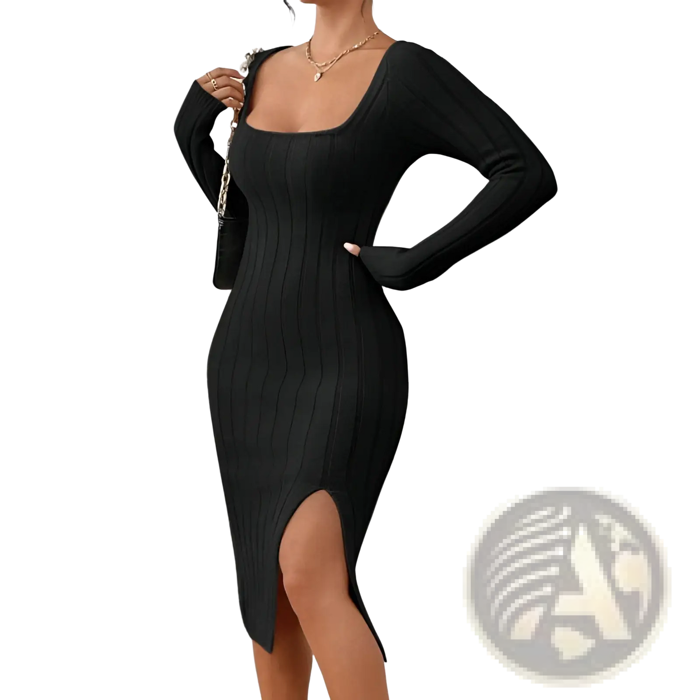 Square Neck Ribbed Knit Midi Dress with Side Slit