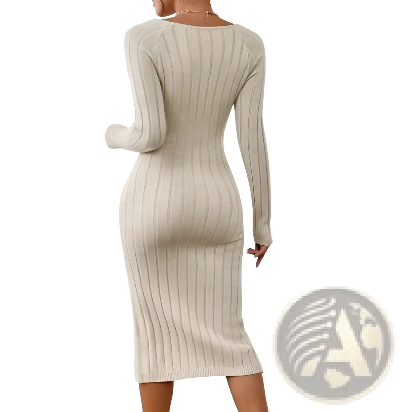Square Neck Ribbed Knit Midi Dress with Side Slit