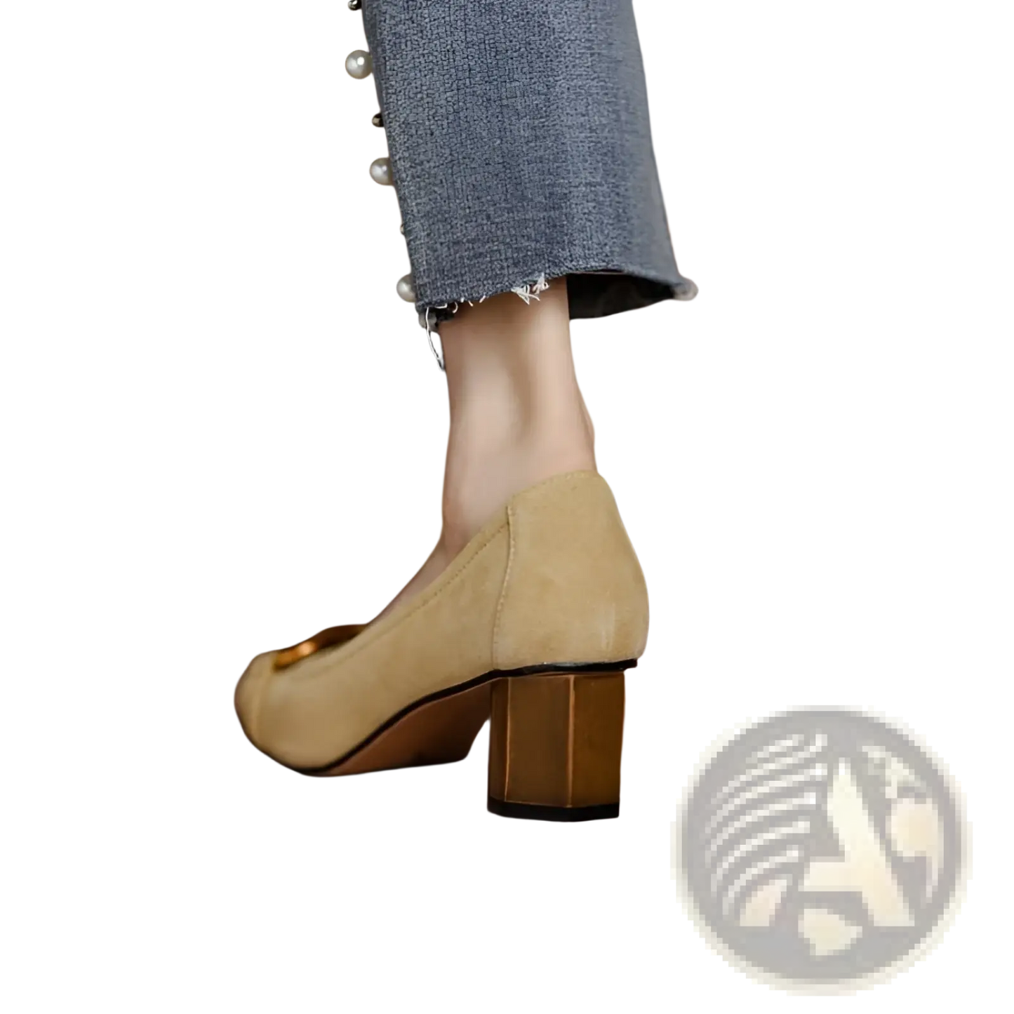 Square Toe Leather Pumps with Gold Buckle Detail