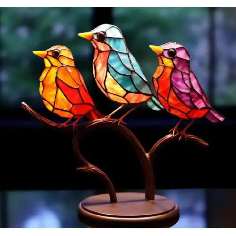 Vibrant Stained Glass Birds on Branch Figurine Home Decor