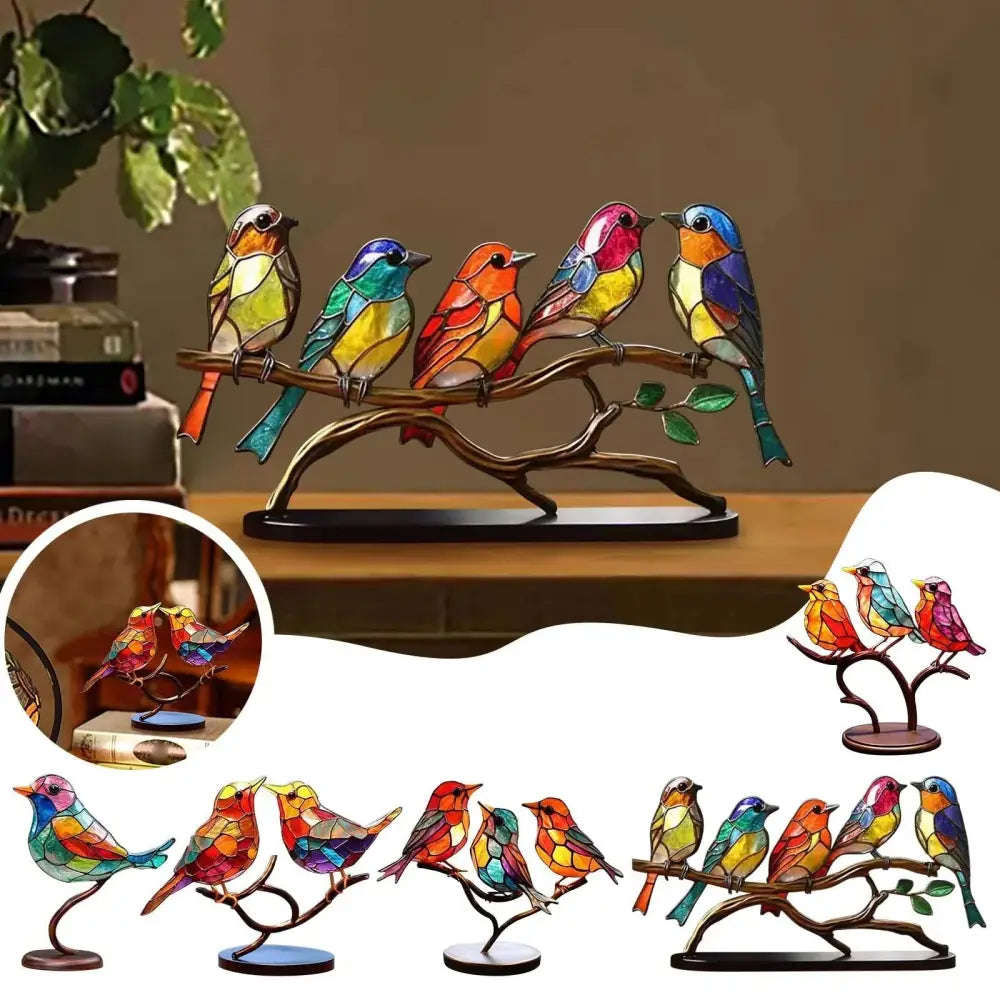 Vibrant Stained Glass Birds on Branch Figurine Home Decor