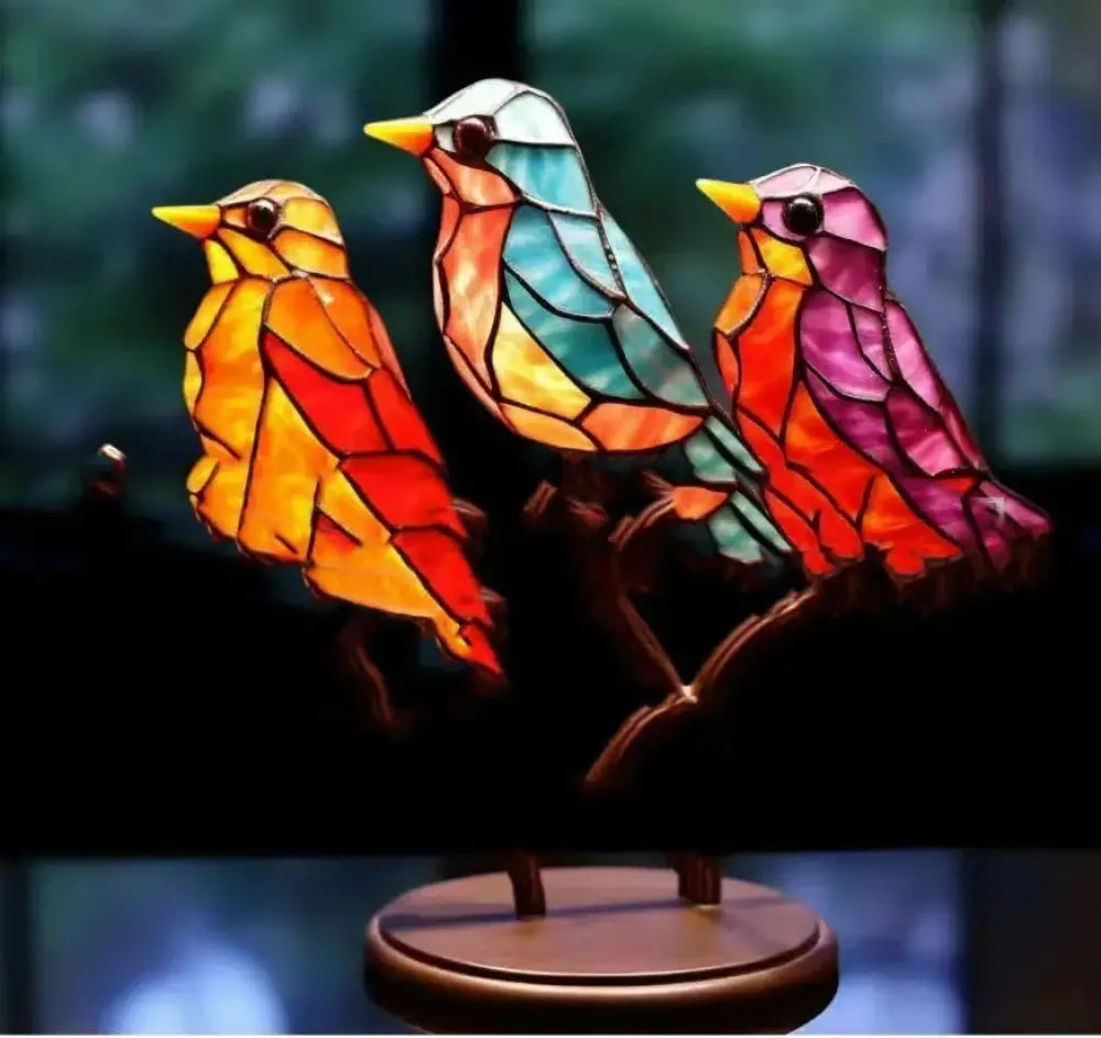 Vibrant Stained Glass Birds on Branch Figurine Home Decor
