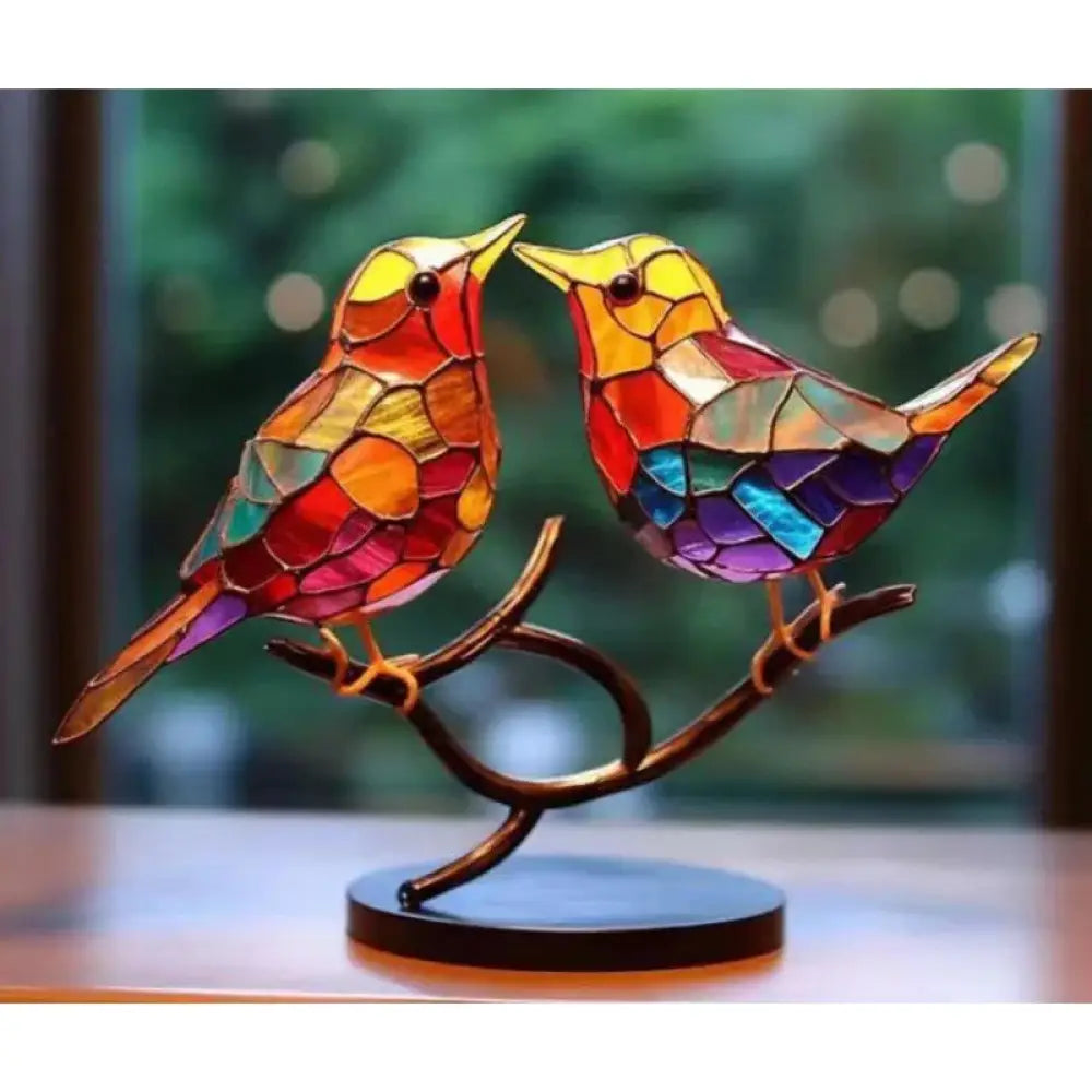 Vibrant Stained Glass Birds on Branch Figurine Home Decor