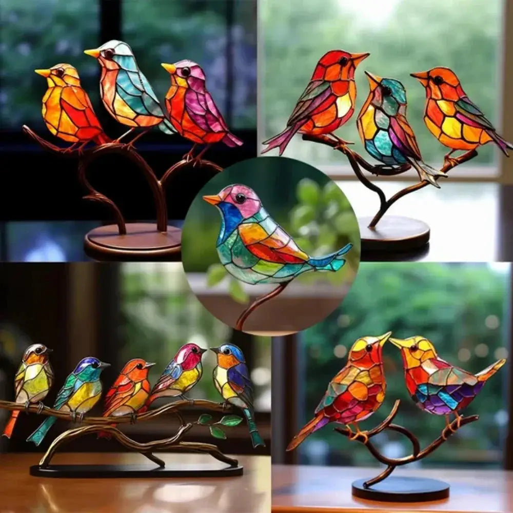 Vibrant Stained Glass Birds on Branch Figurine Home Decor