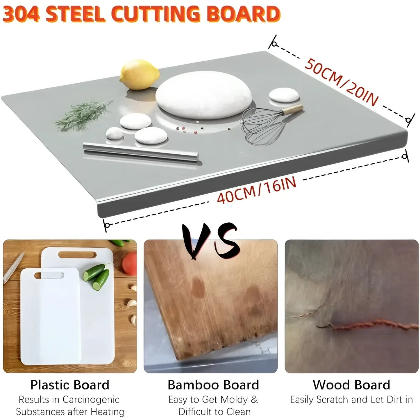 Stainless Steel Cutting Board with Lip Xxl 304 Metal