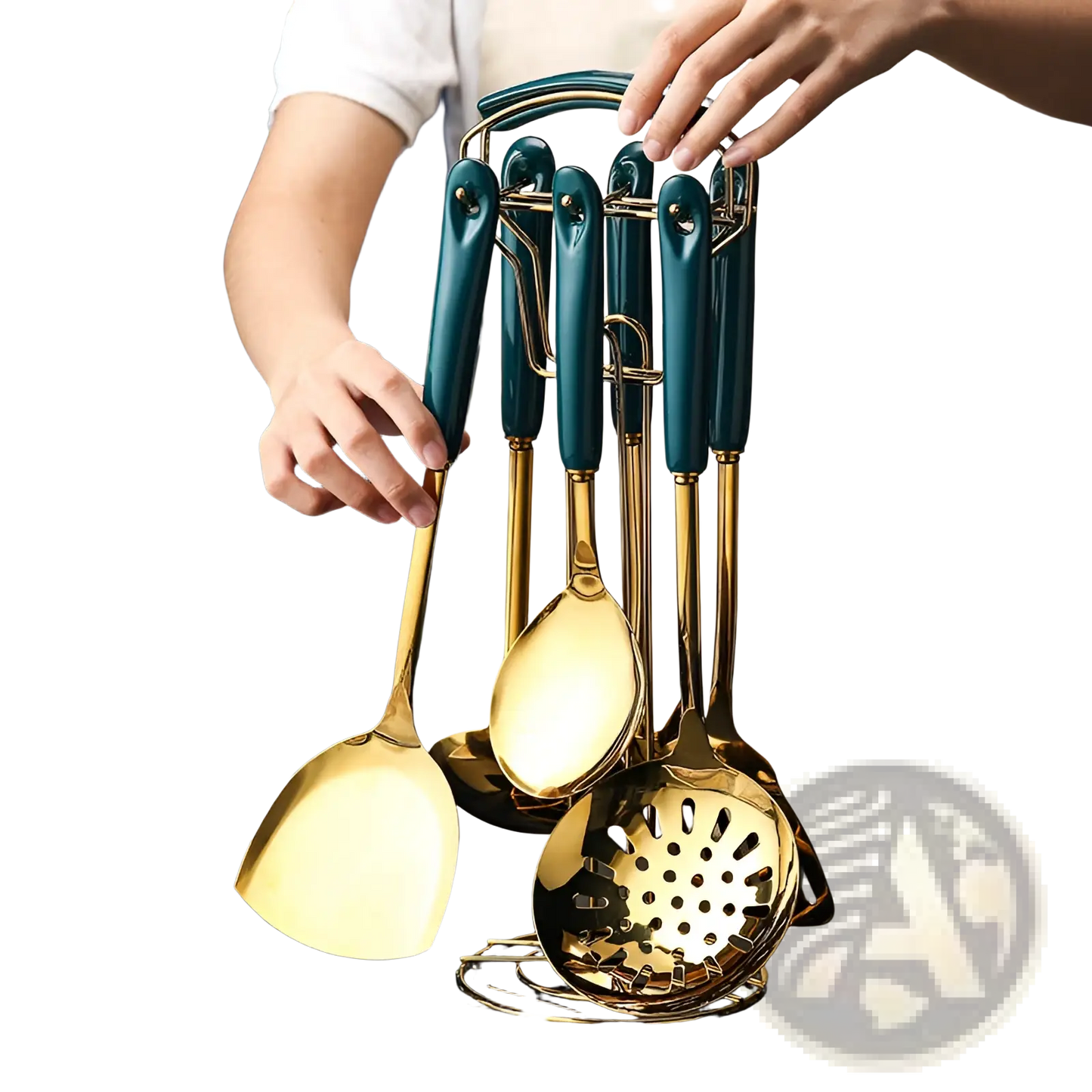 Stainless Steel Gold and Teal Kitchen Utensil Set