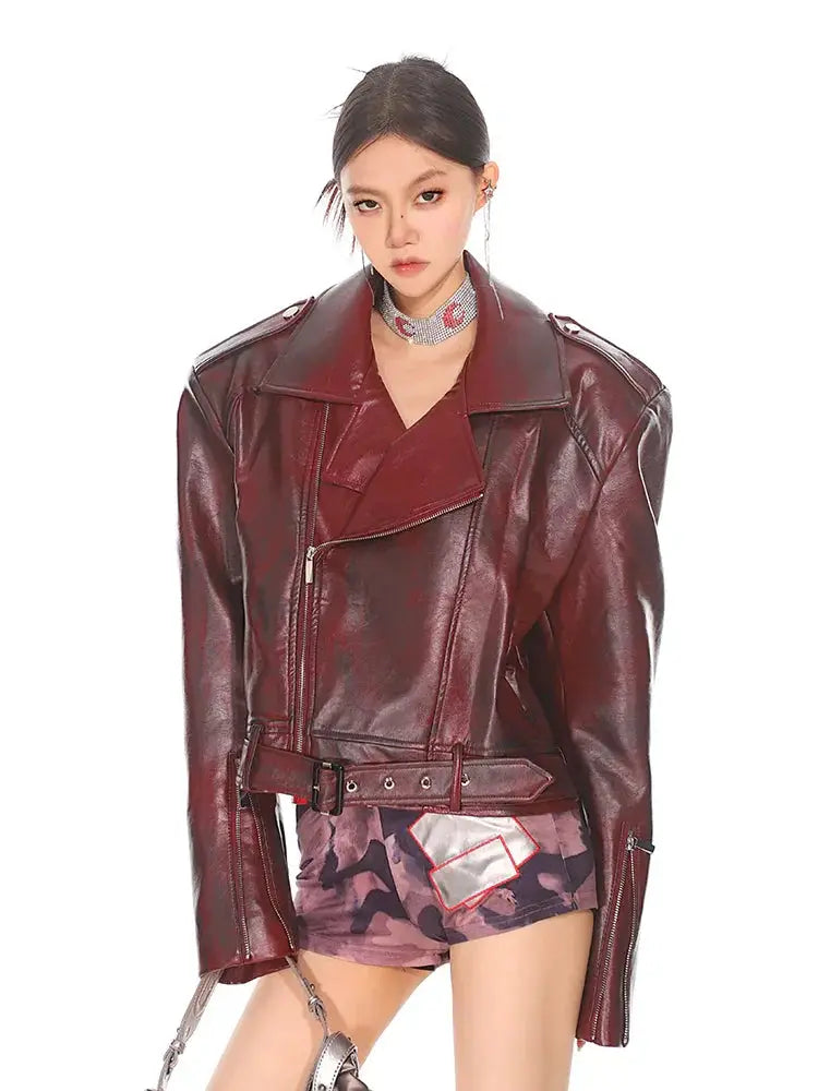 Glossy Burgundy Stand Collar Leather Moto Jacket