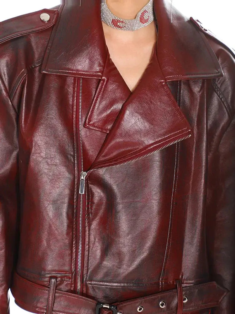 Glossy Burgundy Stand Collar Leather Moto Jacket