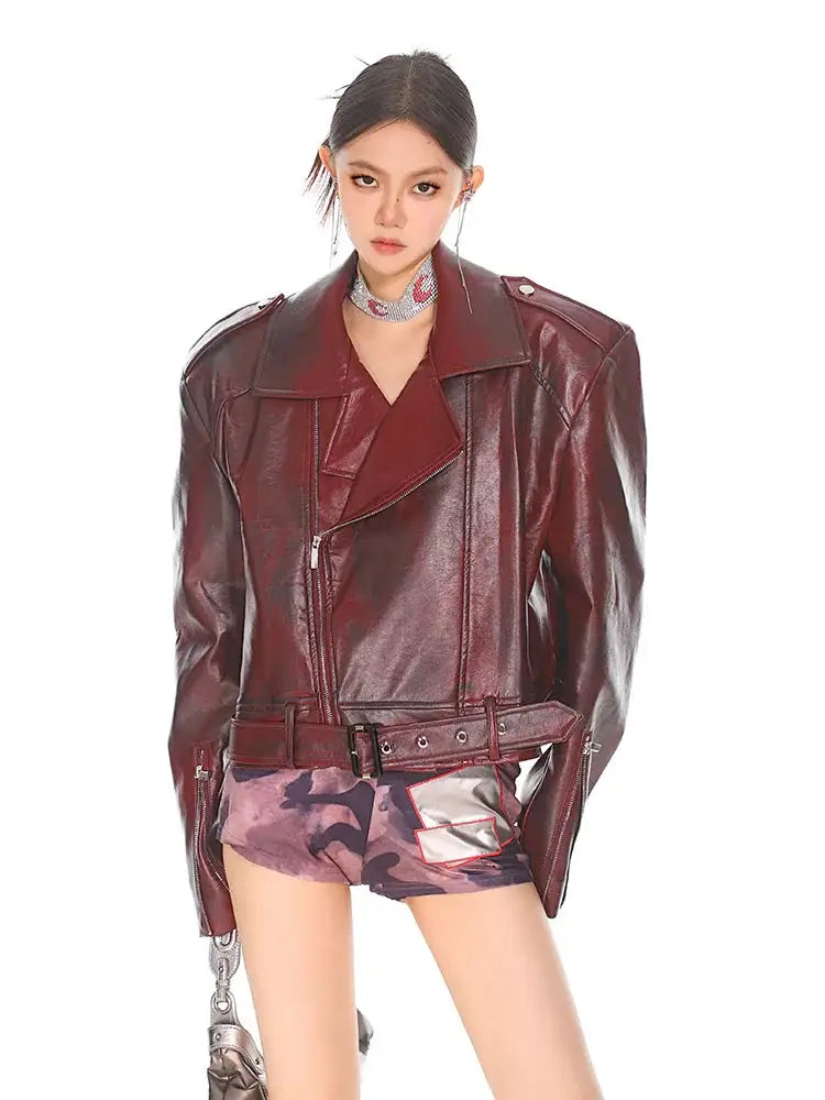 Glossy Burgundy Stand Collar Leather Moto Jacket