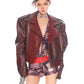 Glossy Burgundy Stand Collar Leather Moto Jacket