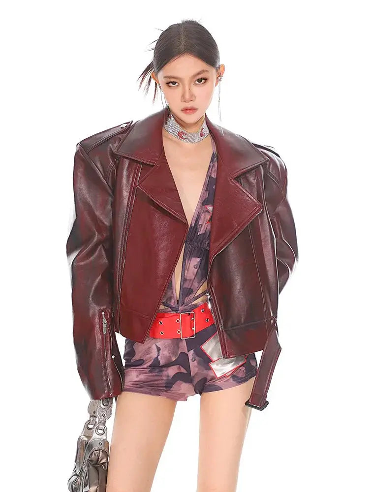 Glossy Burgundy Stand Collar Leather Moto Jacket