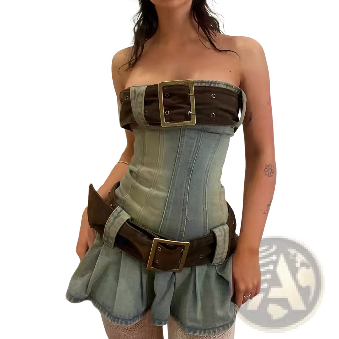 Strapless Denim Corset Mini Dress with Leather Belts