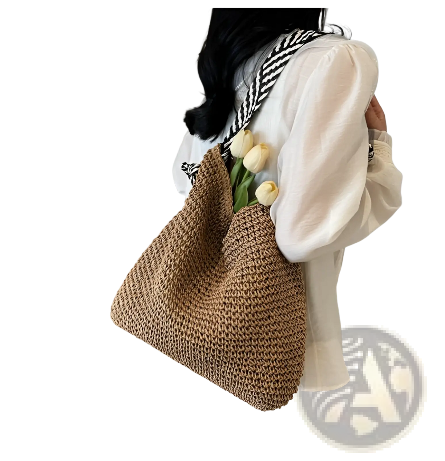 Straw Tote Bag with Striped Bow Handles