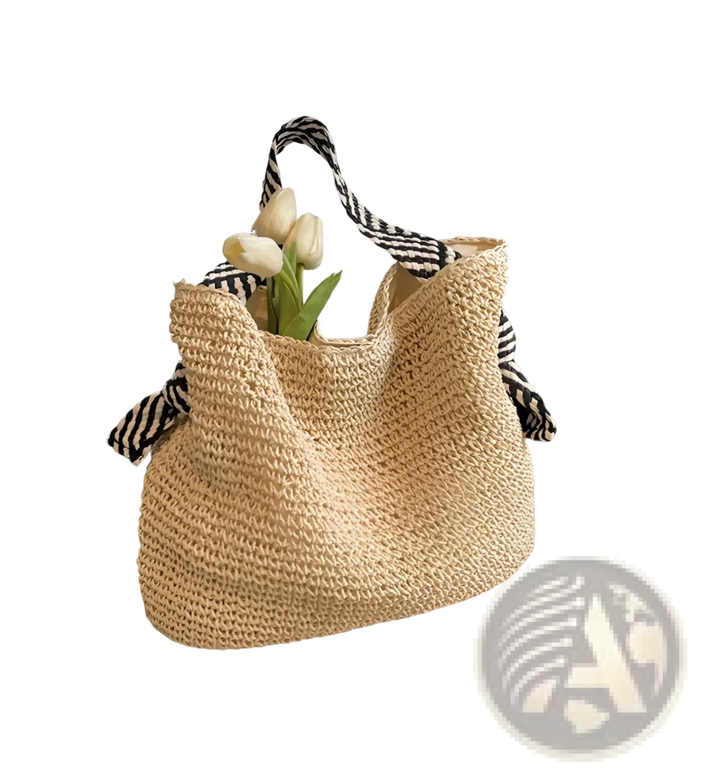 Straw Tote Bag with Striped Bow Handles