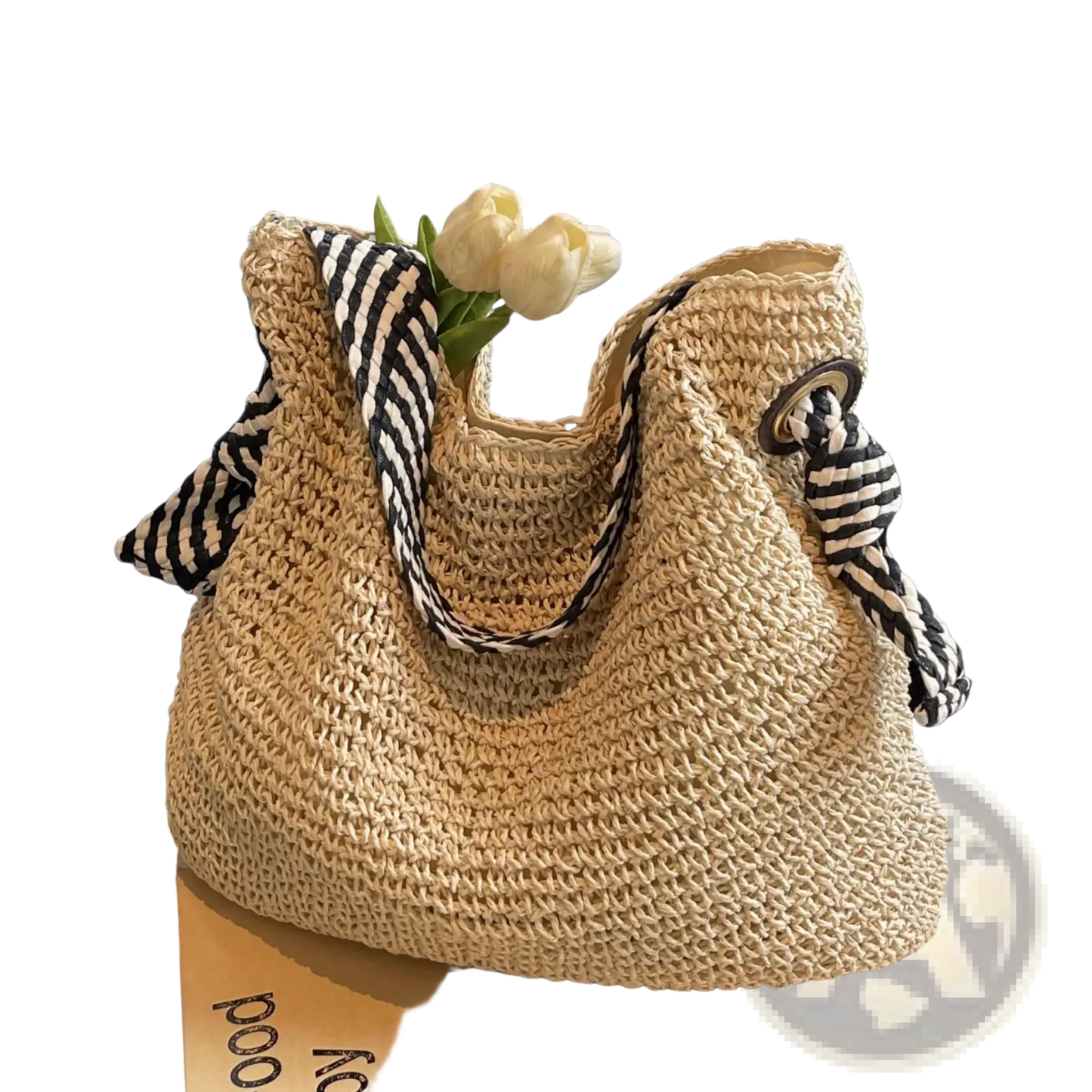 Straw Tote Bag with Striped Bow Handles