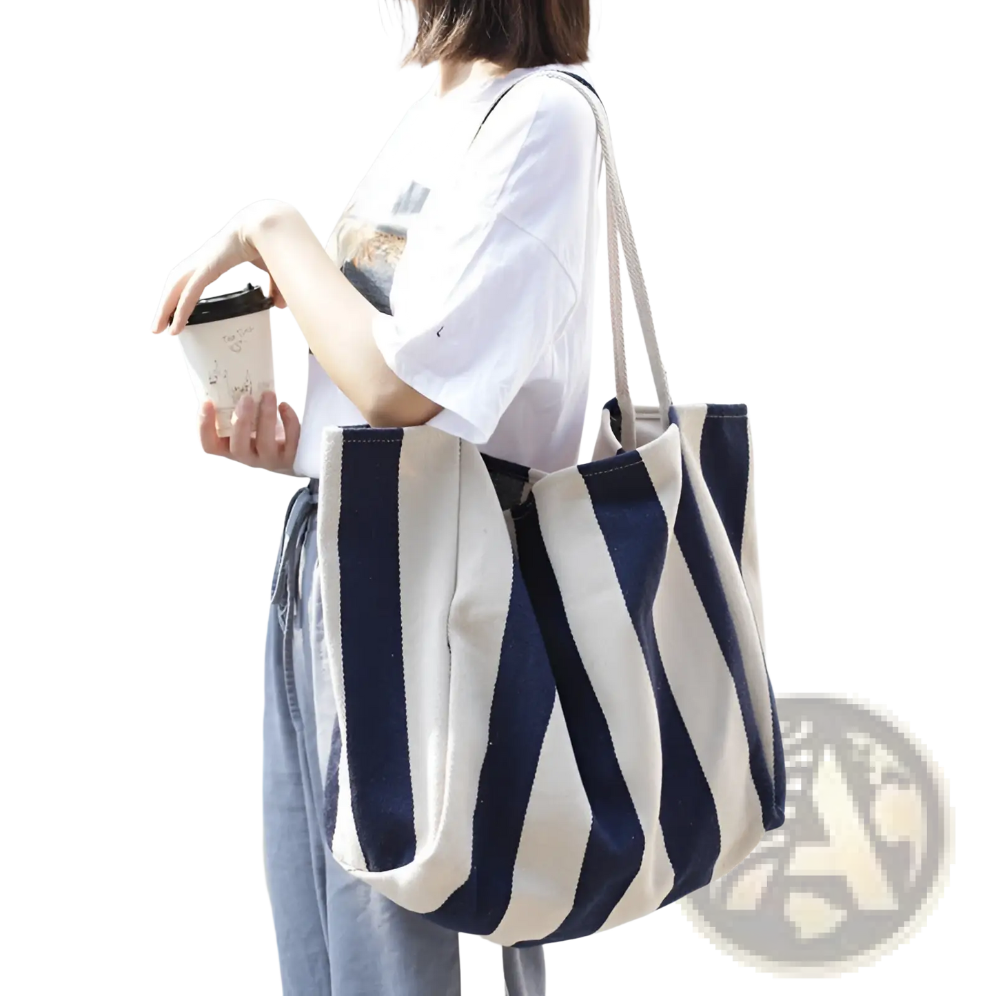 Striped Canvas Tote Bag High Capacity Shoulder Bag