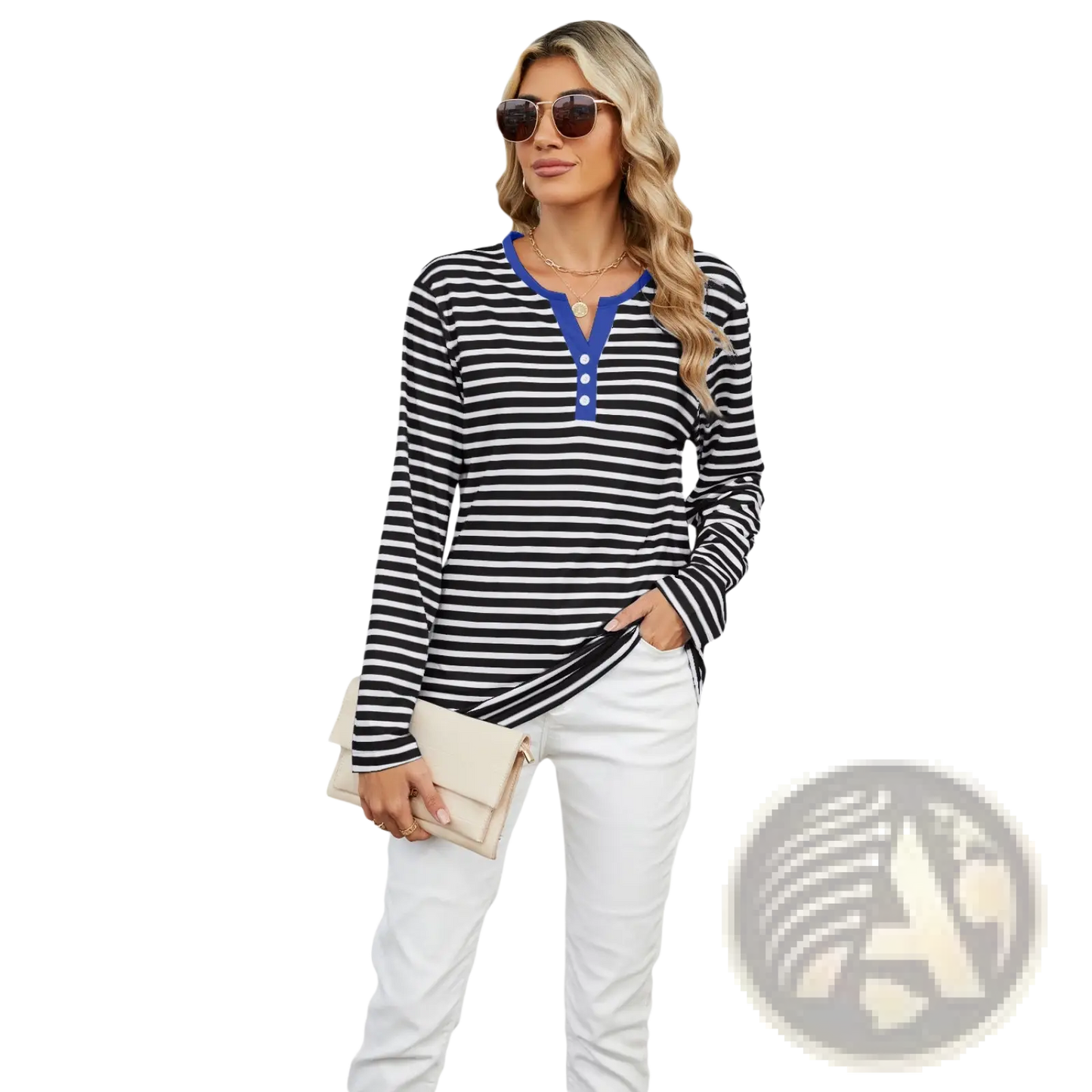 Striped Contrast Henley Long Sleeve v Neck t Shirt